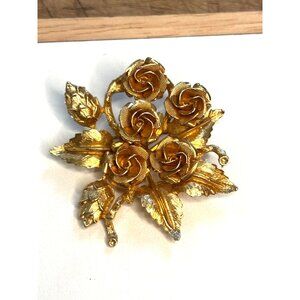 Vintage Gold Tone Rose Floral Brooch Pin Jewelry